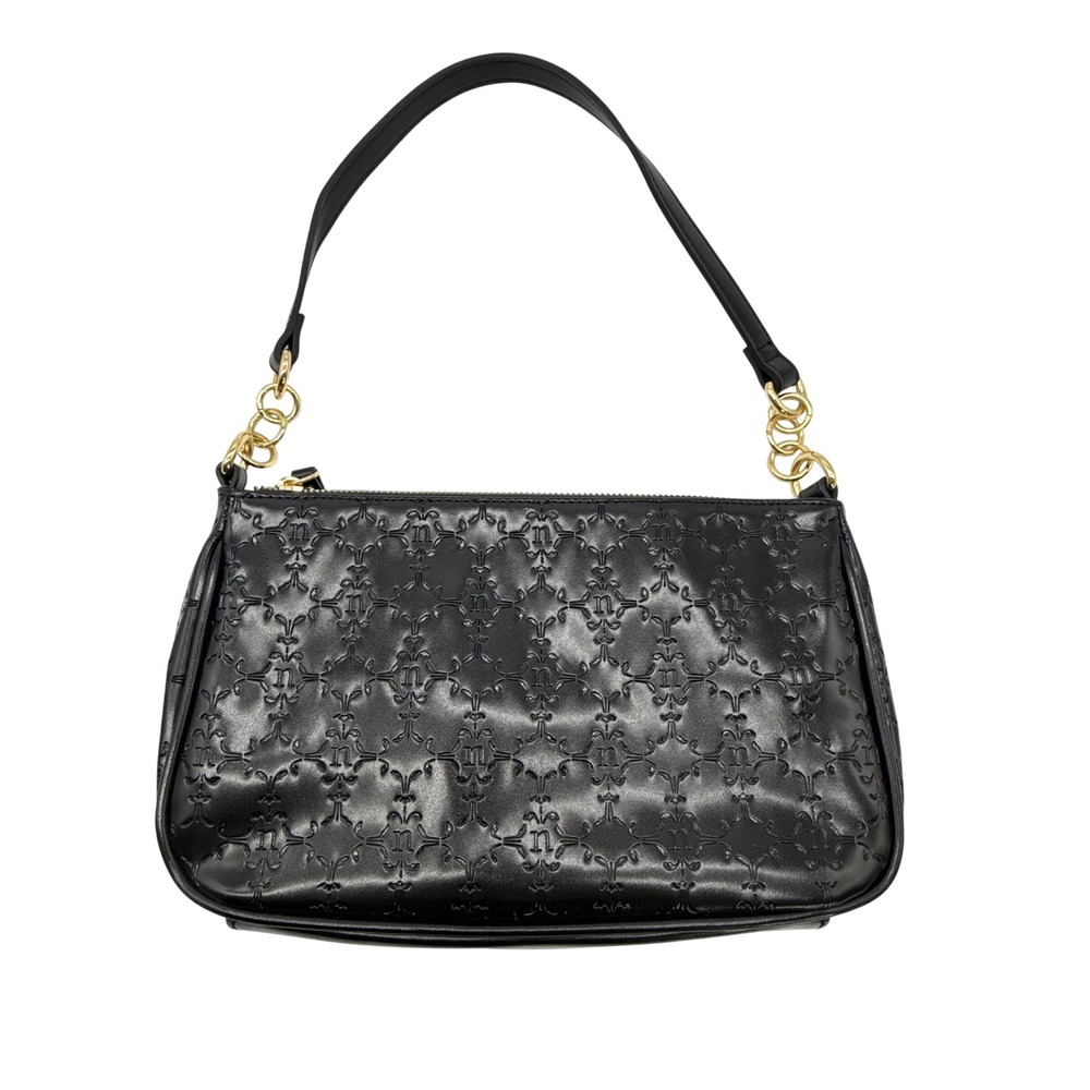 Nanette Lepore Black Embossed Logo Shoulder Bag Gold Chain Baguette y2k Purse